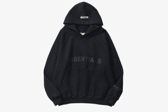 Black ESSENTIALS oversized hoodie with spacious hood and relaxed fit, ideal for casual and athleisure outfits.