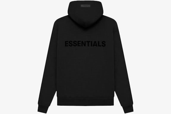 Back view of Essentials Core Collection Pullover Hoodie in Stretch Limo color, featuring bold 'ESSENTIALS' text.