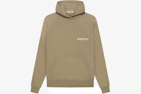 Essentials Core Collection Pullover Hoodie in taupe with front kangaroo pocket and soft fleece interior.