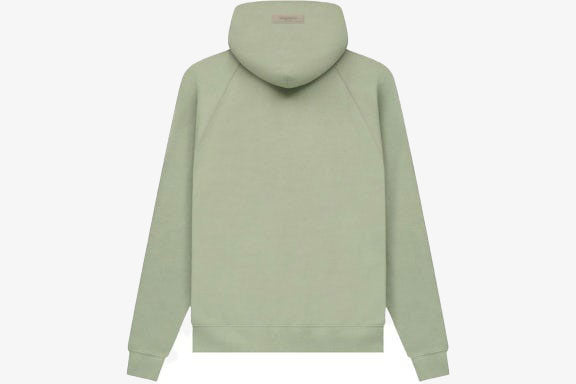 Back view of Essentials Core Collection Pullover Hoodie in soft green color.