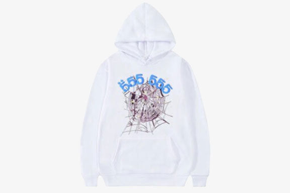 White Spider 555555 Angel Number hoodie with web graphic and bold blue text.