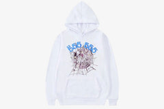 White Spider 555555 Angel Number hoodie with web graphic and bold blue text.