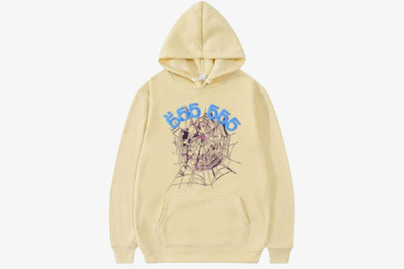 Spider 555555 angel number hoodie in light yellow with unique graphic design and a cozy hood.