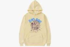 Spider 555555 angel number hoodie in light yellow with unique graphic design and a cozy hood.
