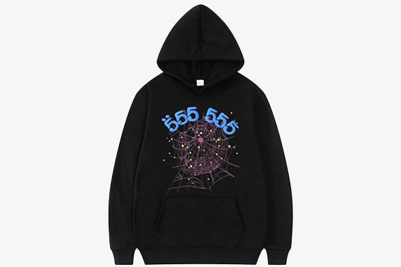 Black hoodie featuring Spider 555555 Angel Number design with spider web and graphic elements.