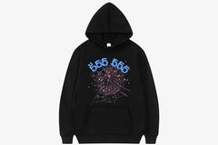 Black hoodie featuring Spider 555555 Angel Number design with spider web and graphic elements.