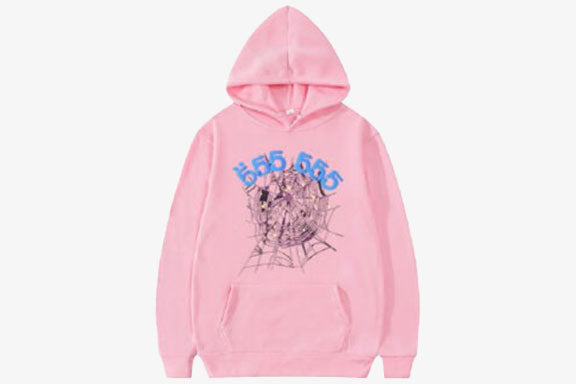 Pink hoodie featuring Spider and 555555 angel number design on the front.