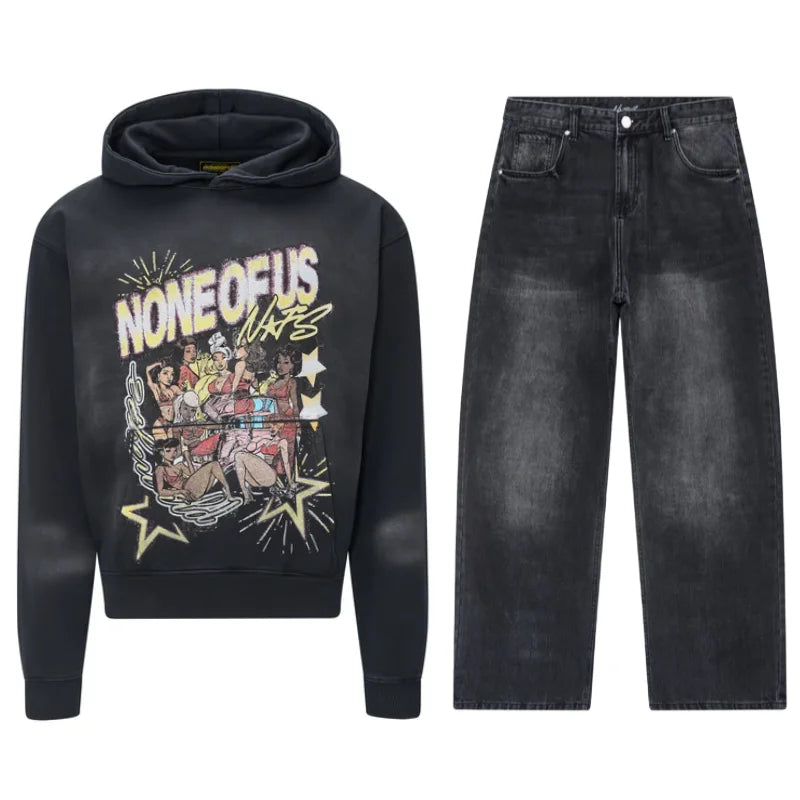 Black NOFS Vintage Hoodie and Jean Tracksuit