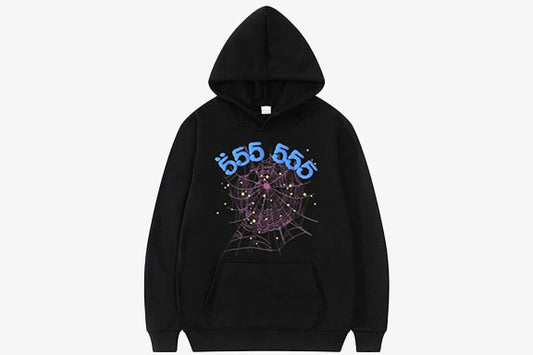 Black hoodie featuring Spider 555555 Angel Number design with spider web and graphic elements.