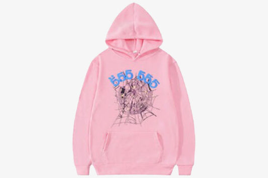 Pink hoodie featuring Spider and 555555 angel number design on the front.