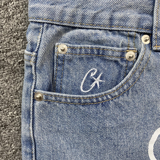 Corteiz Alcatraz Denim Shorts Blue