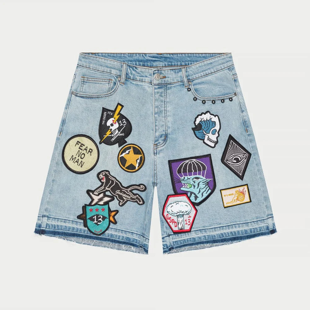 God Speed Patchwork Denim Shorts